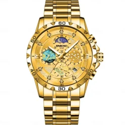 BINBOND Men Quartz Watch Fashion Business Wristwatch Moon phase Luminous Calendar Waterproof Steel Watch