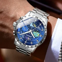 BINBOND Men Quartz Watch Fashion Business Wristwatch Moon phase Luminous Calendar Waterproof Steel Watch