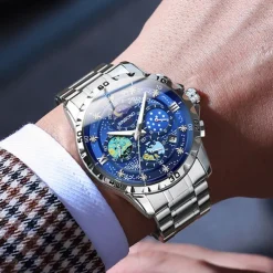 BINBOND Men Quartz Watch Fashion Business Wristwatch Moon phase Luminous Calendar Waterproof Steel Watch