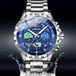 BINBOND Men Quartz Watch Fashion Business Wristwatch Moon phase Luminous Calendar Waterproof Steel Watch