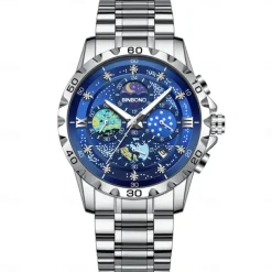 BINBOND Men Quartz Watch Fashion Business Wristwatch Moon phase Luminous Calendar Waterproof Steel Watch