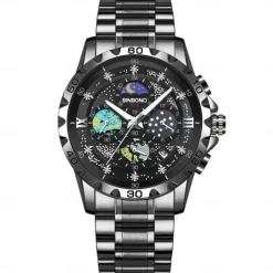 BINBOND Men Quartz Watch Fashion Business Wristwatch Moon phase Luminous Calendar Waterproof Steel Watch