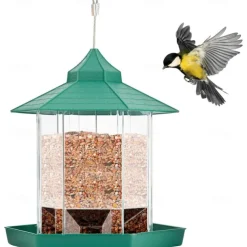 Bird Feeder, Plastic Hanging Wild Bird Feeder for Outdoor Garden Yard Patio Backyard Decoration, Hexagon Shaped with Roof