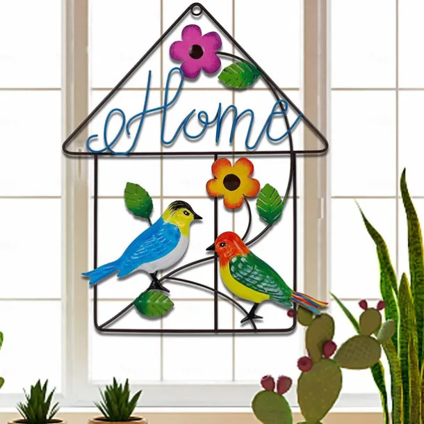 Bird Metal Wall Decor Welcome Sign, 13" Bird Flower Wall Art Front Door Outdoor Decorations, Hanging for Home Garden Yard Fence Backyard Spring Decor