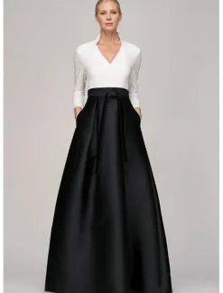 Black and White A-Line Evening Gown Elegant Dress Formal Wedding Guest Floor Length Long Sleeve V Neck Pocket Satin with Bow(s)