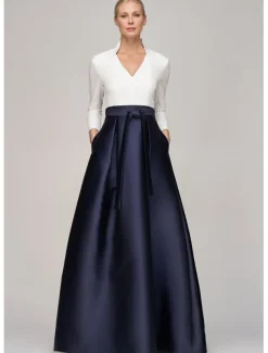 Black and White A-Line Evening Gown Elegant Dress Formal Wedding Guest Floor Length Long Sleeve V Neck Pocket Satin with Bow(s)