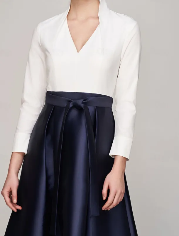 Black and White A-Line Evening Gown Elegant Dress Formal Wedding Guest Floor Length Long Sleeve V Neck Pocket Satin with Bow(s)