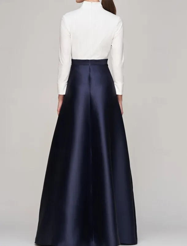 Black and White A-Line Evening Gown Elegant Dress Formal Wedding Guest Floor Length Long Sleeve V Neck Pocket Satin with Bow(s)