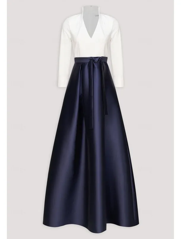 Black and White A-Line Evening Gown Elegant Dress Formal Wedding Guest Floor Length Long Sleeve V Neck Pocket Satin with Bow(s)