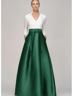 Black and White A-Line Evening Gown Elegant Dress Formal Wedding Guest Floor Length Long Sleeve V Neck Pocket Satin with Bow(s)