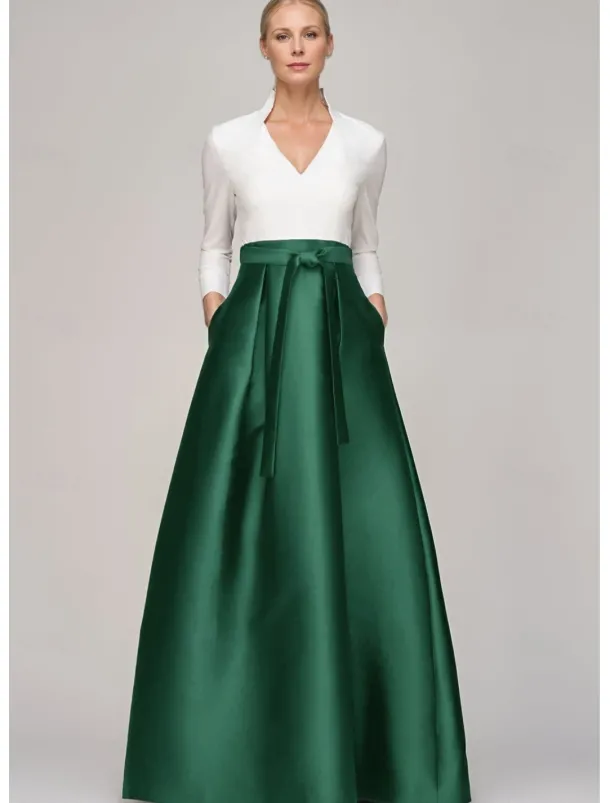 Black and White A-Line Evening Gown Elegant Dress Formal Wedding Guest Floor Length Long Sleeve V Neck Pocket Satin with Bow(s)