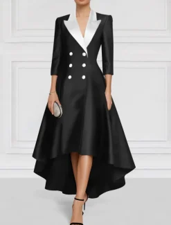 Black and White Blazer Dress A-Line Mother of the Bride Dress Elegant Lapel Asymmetrical Ankle Length Satin Long Sleeve with Color Block