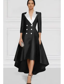 Black and White Blazer Dress A-Line Mother of the Bride Dress Elegant Lapel Asymmetrical Ankle Length Satin Long Sleeve with Color Block