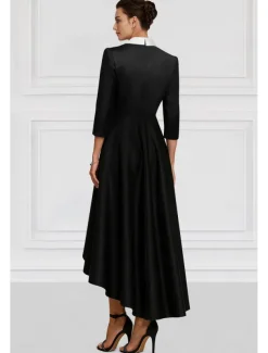 Black and White Blazer Dress A-Line Mother of the Bride Dress Elegant Lapel Asymmetrical Ankle Length Satin Long Sleeve with Color Block