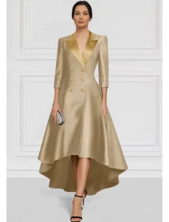 Black and White Blazer Dress A-Line Mother of the Bride Dress Elegant Lapel Asymmetrical Ankle Length Satin Long Sleeve with Color Block