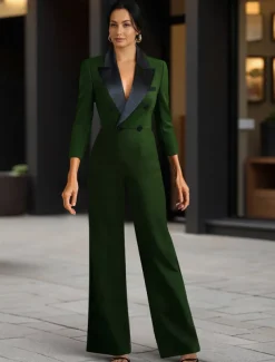 Black and White Blazer Jumpsuit Mother of the Bride Wedding Elegant Minimalist Casual Lapel Floor Length Stretch Fabric Long Sleeve with Color Block