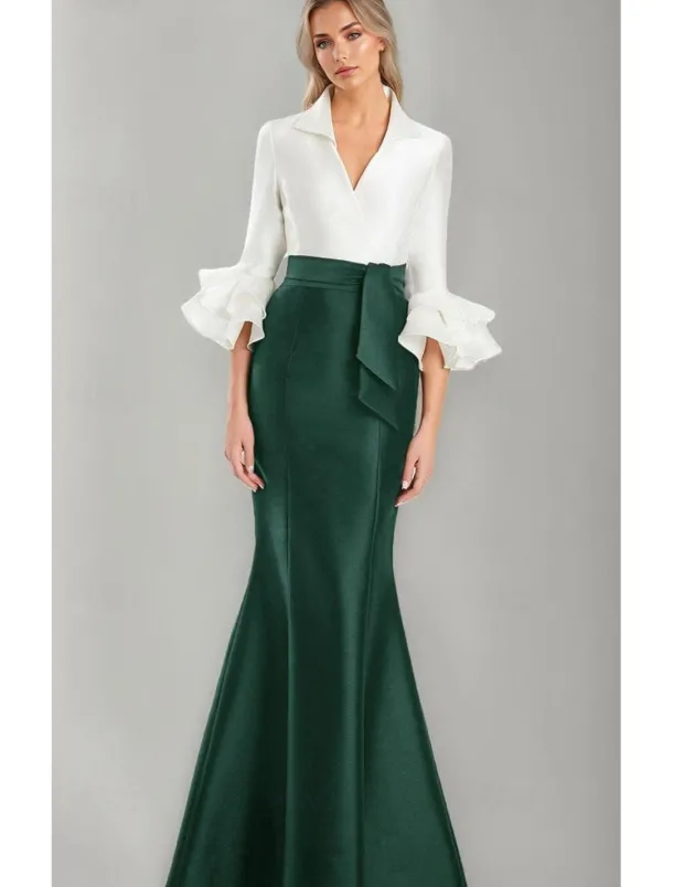 Black and White Formal Dress Mermaid / Trumpet Evening Gown Elegant Dress Formal Wedding Floor Length Half Sleeve Shirt Collar Stretch Satin with Ruffles