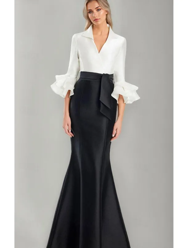 Black and White Formal Dress Mermaid / Trumpet Evening Gown Elegant Dress Formal Wedding Floor Length Half Sleeve Shirt Collar Stretch Satin with Ruffles