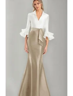 Black and White Formal Dress Mermaid / Trumpet Evening Gown Elegant Dress Formal Wedding Floor Length Half Sleeve Shirt Collar Stretch Satin with Ruffles