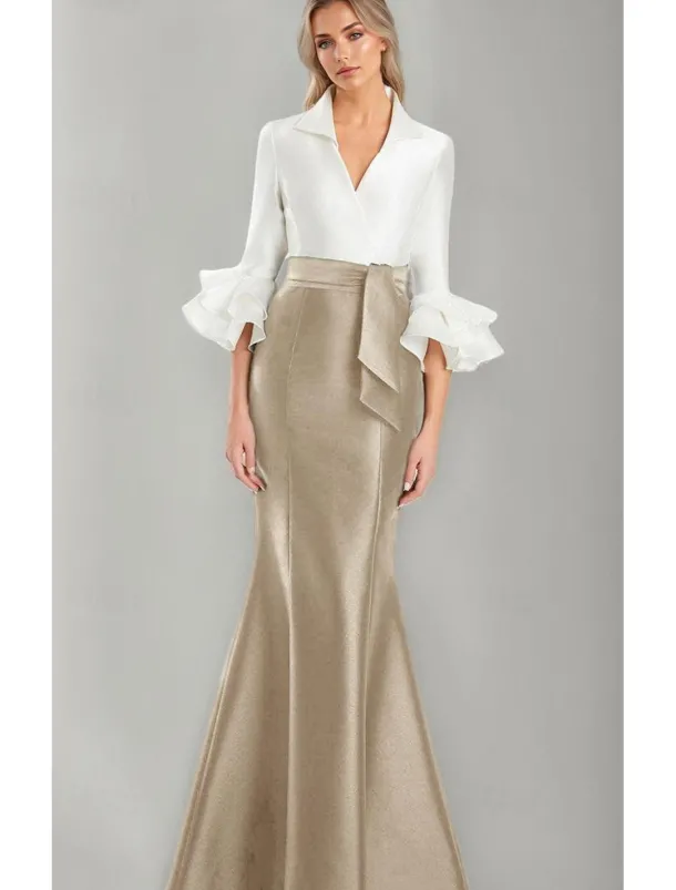 Black and White Formal Dress Mermaid / Trumpet Evening Gown Elegant Dress Formal Wedding Floor Length Half Sleeve Shirt Collar Stretch Satin with Ruffles