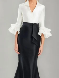 Black and White Formal Dress Mermaid / Trumpet Evening Gown Elegant Dress Formal Wedding Floor Length Half Sleeve Shirt Collar Stretch Satin with Ruffles