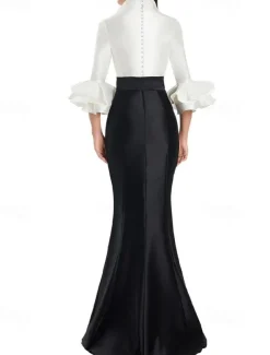 Black and White Formal Dress Mermaid / Trumpet Evening Gown Elegant Dress Formal Wedding Floor Length Half Sleeve Shirt Collar Stretch Satin with Ruffles