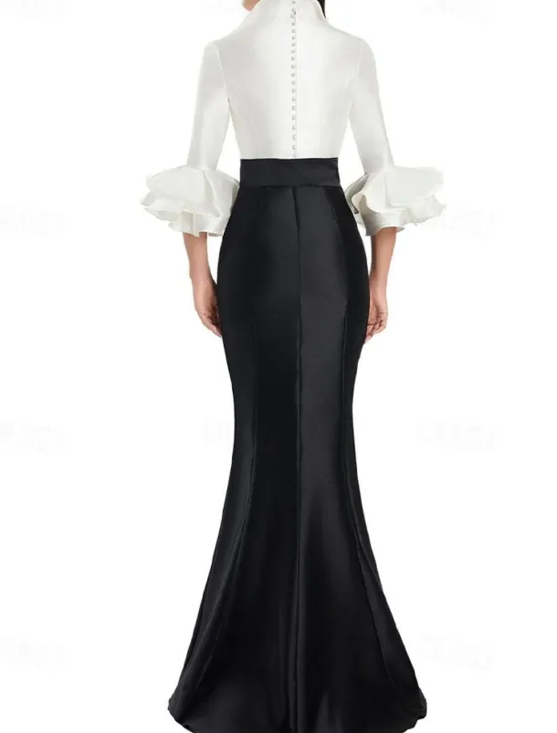Black and White Formal Dress Mermaid / Trumpet Evening Gown Elegant Dress Formal Wedding Floor Length Half Sleeve Shirt Collar Stretch Satin with Ruffles