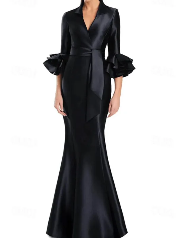 Black and White Formal Dress Mermaid / Trumpet Evening Gown Elegant Dress Formal Wedding Floor Length Half Sleeve Shirt Collar Stretch Satin with Ruffles