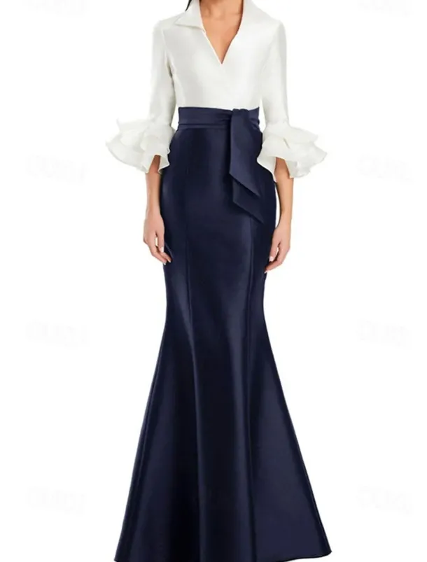 Black and White Formal Dress Mermaid / Trumpet Evening Gown Elegant Dress Formal Wedding Floor Length Half Sleeve Shirt Collar Stretch Satin with Ruffles