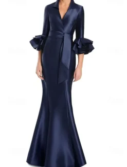 Black and White Formal Dress Mermaid / Trumpet Evening Gown Elegant Dress Formal Wedding Floor Length Half Sleeve Shirt Collar Stretch Satin with Ruffles