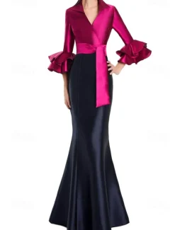 Black and White Formal Dress Mermaid / Trumpet Evening Gown Elegant Dress Formal Wedding Floor Length Half Sleeve Shirt Collar Stretch Satin with Ruffles