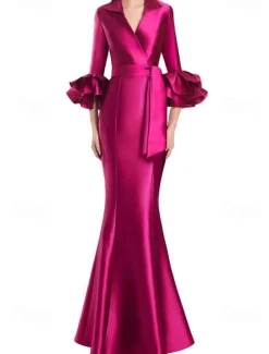 Black and White Formal Dress Mermaid / Trumpet Evening Gown Elegant Dress Formal Wedding Floor Length Half Sleeve Shirt Collar Stretch Satin with Ruffles