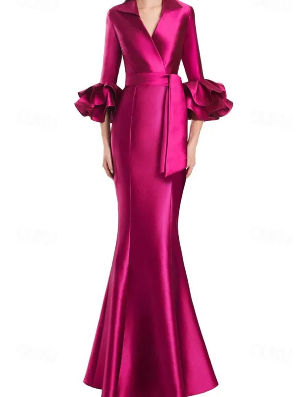 Black and White Formal Dress Mermaid / Trumpet Evening Gown Elegant Dress Formal Wedding Floor Length Half Sleeve Shirt Collar Stretch Satin with Ruffles