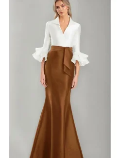 Black and White Formal Dress Mermaid / Trumpet Evening Gown Elegant Dress Formal Wedding Floor Length Half Sleeve Shirt Collar Stretch Satin with Ruffles