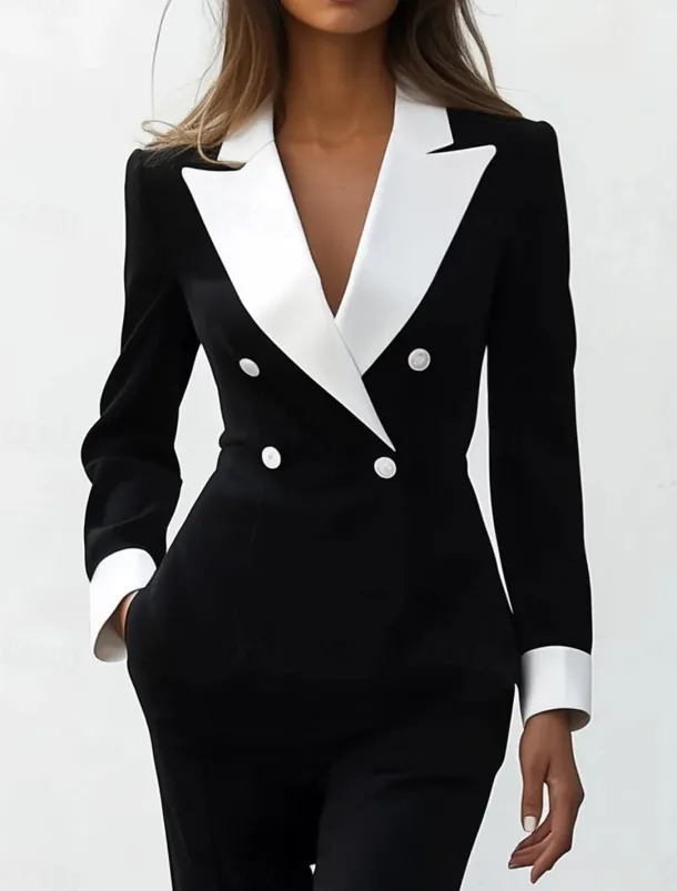 Black and White Jumpsuit / Pantsuit Mother of the Bride Jumpsuit Elegant Simple Minimalist V Neck Lapel Floor Length Zipper Up Crepe Stretch Fabric Long Sleeve with Color Block