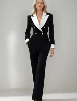 Black and White Jumpsuit / Pantsuit Mother of the Bride Jumpsuit Elegant Simple Minimalist V Neck Lapel Floor Length Zipper Up Crepe Stretch Fabric Long Sleeve with Color Block