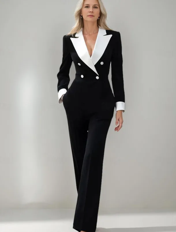 Black and White Jumpsuit / Pantsuit Mother of the Bride Jumpsuit Elegant Simple Minimalist V Neck Lapel Floor Length Zipper Up Crepe Stretch Fabric Long Sleeve with Color Block