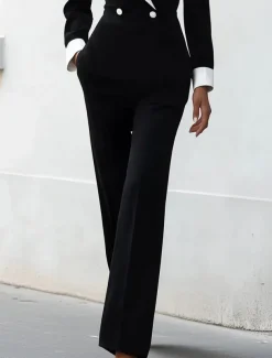 Black and White Jumpsuit / Pantsuit Mother of the Bride Jumpsuit Elegant Simple Minimalist V Neck Lapel Floor Length Zipper Up Crepe Stretch Fabric Long Sleeve with Color Block