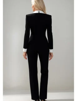 Black and White Jumpsuit / Pantsuit Mother of the Bride Jumpsuit Elegant Simple Minimalist V Neck Lapel Floor Length Zipper Up Crepe Stretch Fabric Long Sleeve with Color Block