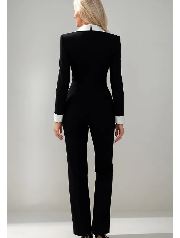 Black and White Jumpsuit / Pantsuit Mother of the Bride Jumpsuit Elegant Simple Minimalist V Neck Lapel Floor Length Zipper Up Crepe Stretch Fabric Long Sleeve with Color Block
