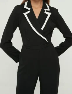 Black and White Jumpsuit / Pantsuit Mother of the Bride Jumpsuit Elegant Simple Minimalist V Neck Lapel Binding Floor Length Crepe Stretch Fabric Covered Buttons Long Sleeve with Color Block