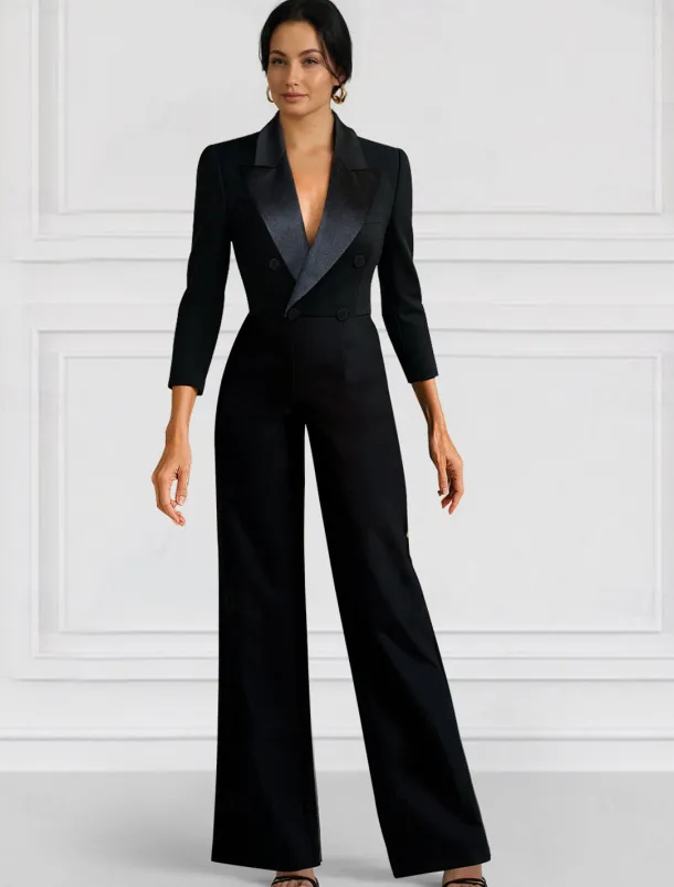 Black Blazer Jumpsuit Mother of the Bride Wedding Guest Elegant Minimalist Lapel Floor Length Stretch Fabric Long Sleeve with Buttons Solid Color