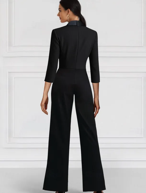 Black Blazer Jumpsuit Mother of the Bride Wedding Guest Elegant Minimalist Lapel Floor Length Stretch Fabric Long Sleeve with Buttons Solid Color