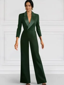 Black Blazer Jumpsuit Mother of the Bride Wedding Guest Elegant Minimalist Lapel Floor Length Stretch Fabric Long Sleeve with Buttons Solid Color