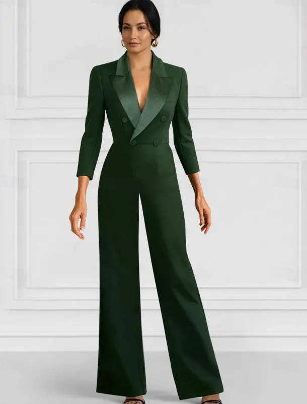 Black Blazer Jumpsuit Mother of the Bride Wedding Guest Elegant Minimalist Lapel Floor Length Stretch Fabric Long Sleeve with Buttons Solid Color