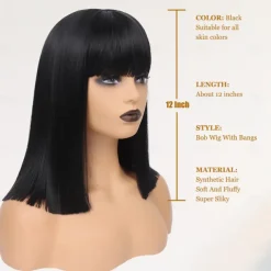 Black Bob Wig with Bangs for Women Short Straight bob Wigs with Golden Sequin Heat Resistant Synthetic Hair Bob Cut Wig Mia Wallace Cleopatra Halloweeen Cosplay Costume Wig