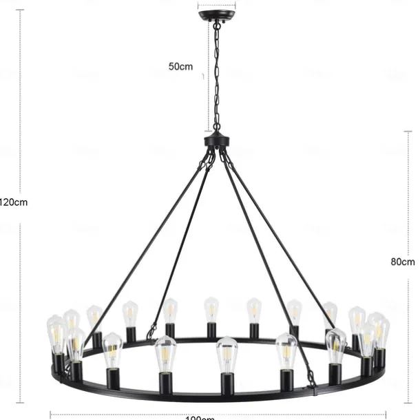 Black Chandelier 20 Lights for Living Room 100cm Round Rustic Industrial Hanging Chandelier for Dining Room Foyer Hallway Kitchen Island 110-240V