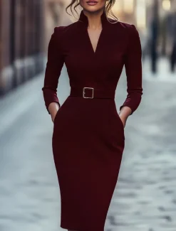 Black Column Cocktail Dresses Elegant Formal Wedding Guest Tea Length Long Sleeve Shirt Collar Belt / Sash Stretch Crepe with Slit