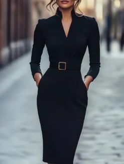 Black Column Cocktail Dresses Elegant Formal Wedding Guest Tea Length Long Sleeve Shirt Collar Belt / Sash Stretch Crepe with Slit
