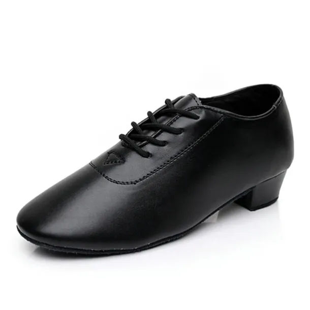 Black Faux Leather Ballroom Dance Shoes for Boys - Lace-Up Latin, Tango, Salsa, and Cha-Cha Dance Shoes with Thick Heel and Suede Sole